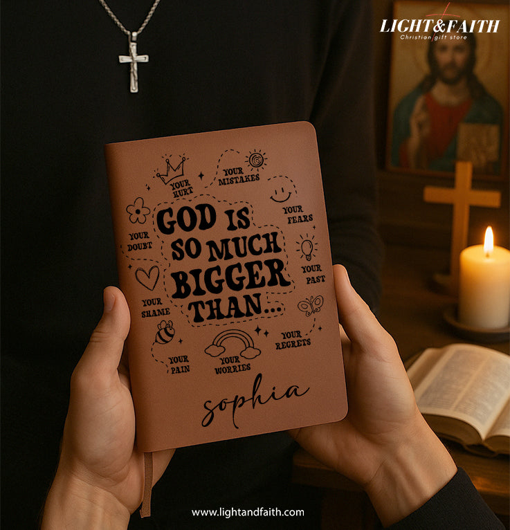 Personalized Christian Journal with "God is so much bigger than..", Custom Name Prayer & Faith Notebook, Religious Gift, First Communion Gifts, Birthday. NBLAF53